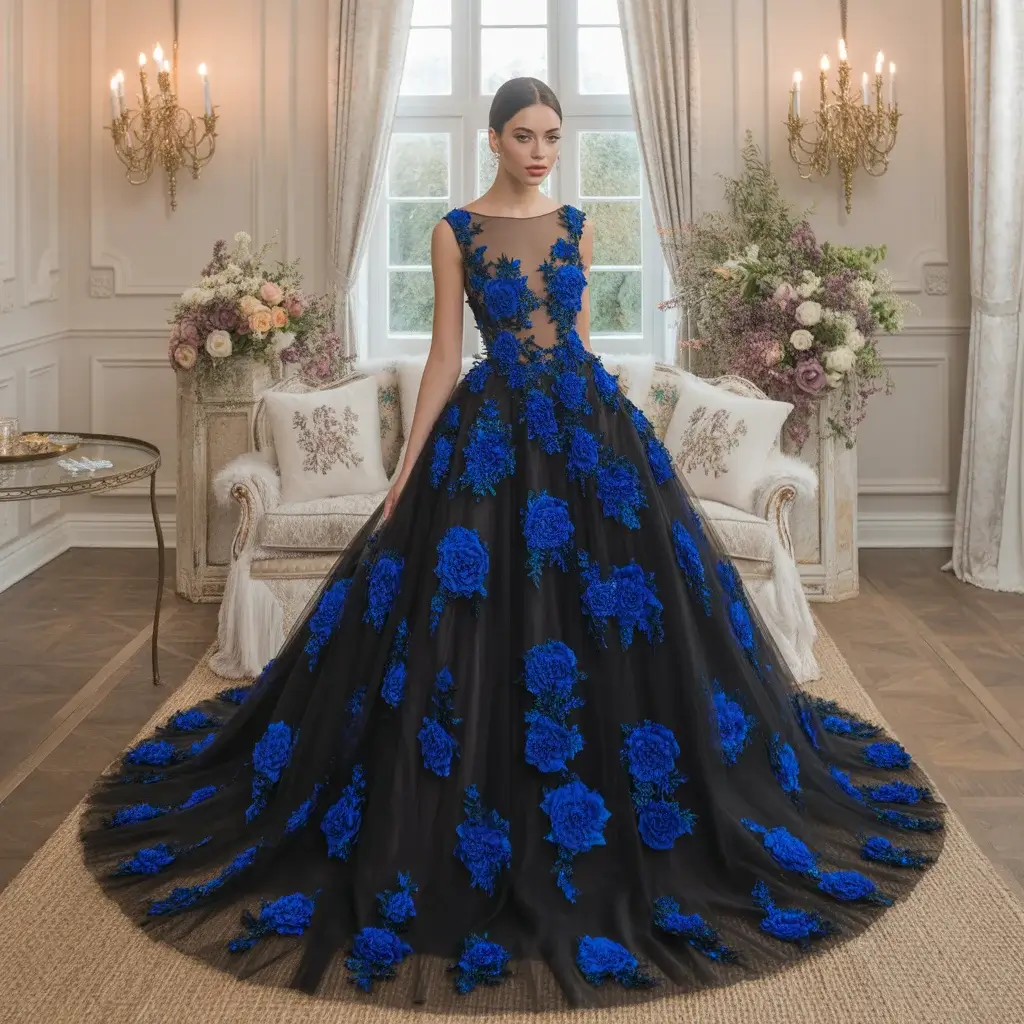 Black cocktail wedding dress with royal blue floral embellishments and fitted bodice
