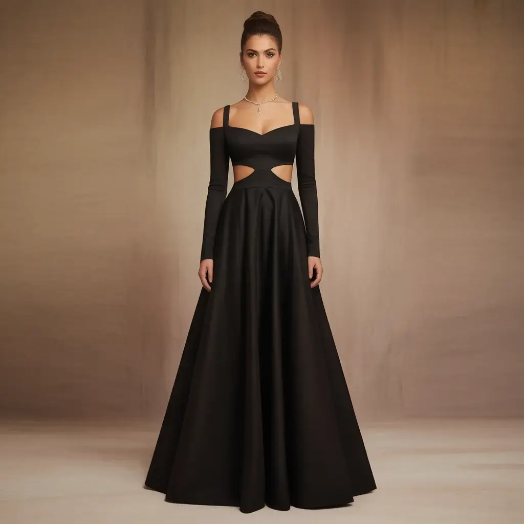 13 Black Long Dresses for Wedding Guests 11 Black cold shoulder dress with long sleeves and strategic cutout details