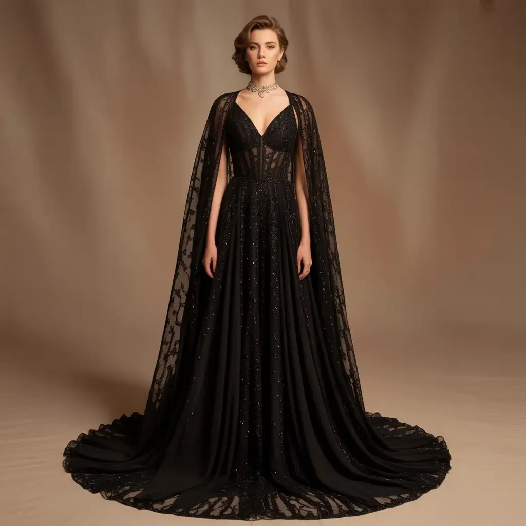 13 Black Long Dresses for Wedding Guests 14 Black evening gown with dramatic cape details and flowing panels