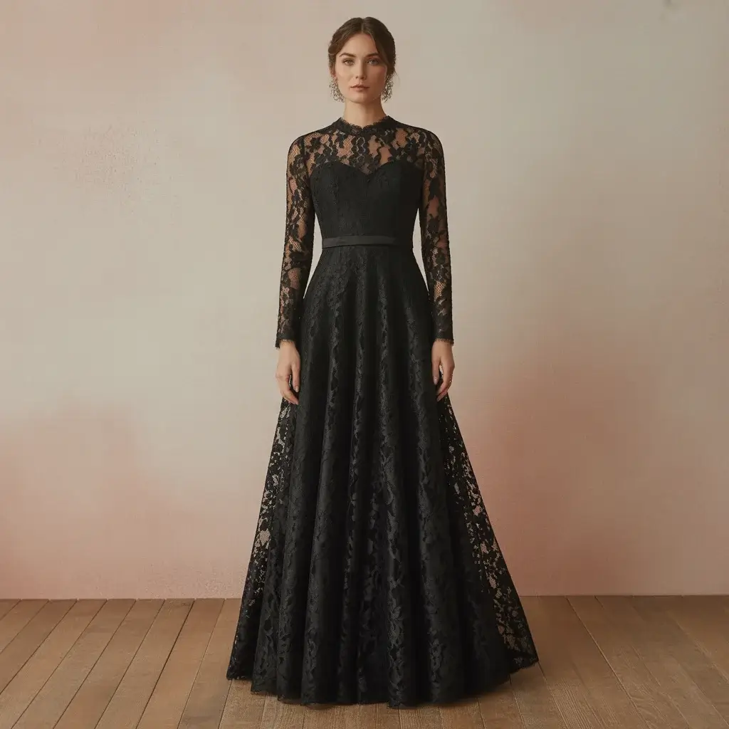 13 Black Long Dresses for Wedding Guests 4 Black evening gown with intricate lace overlay and fitted bodice design