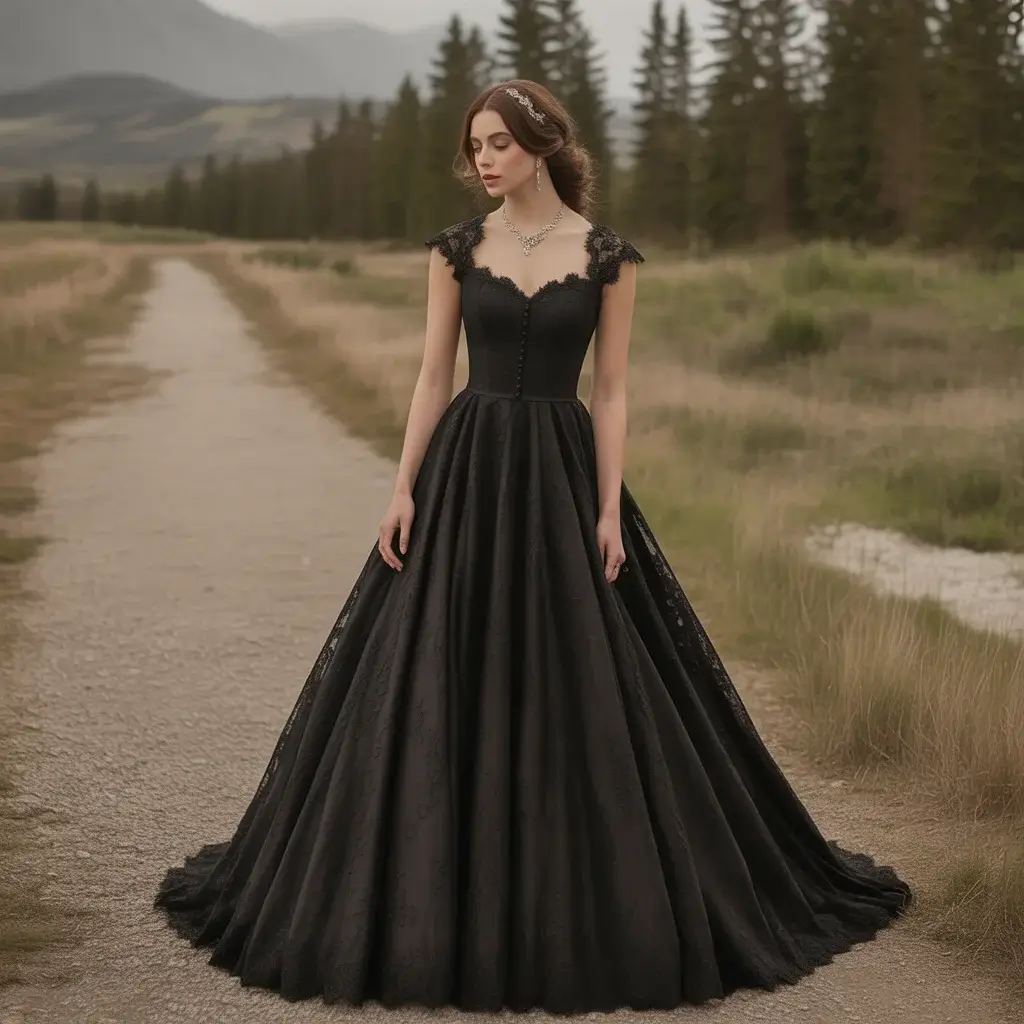 Black fit-and-flare wedding dress with delicate lace cap sleeves and vintage-inspired silhouette
