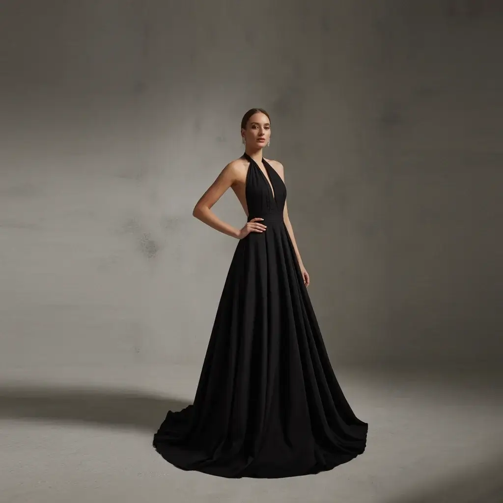 13 Black Long Dresses for Wedding Guests 6 Black halter neck gown with dramatic open back and flowing skirt