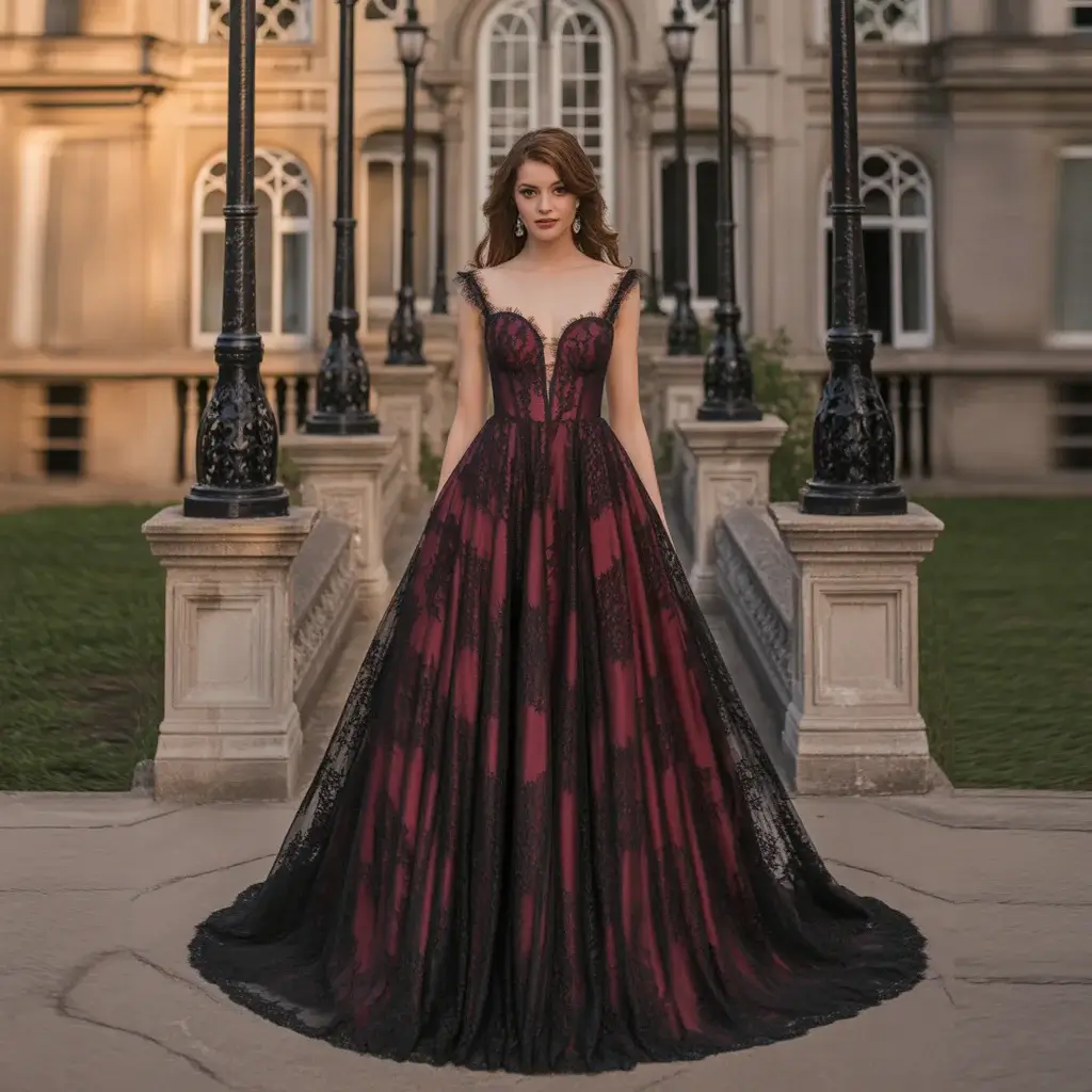 Black lace A-line wedding dress with plunging sweetheart neckline and flowing skirt