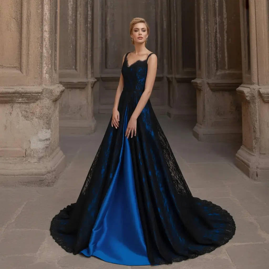 Black lace trumpet wedding dress with royal blue silk lining showing through