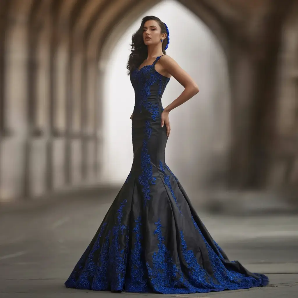 Black mermaid wedding gown with intricate royal blue embroidery and dramatic flare