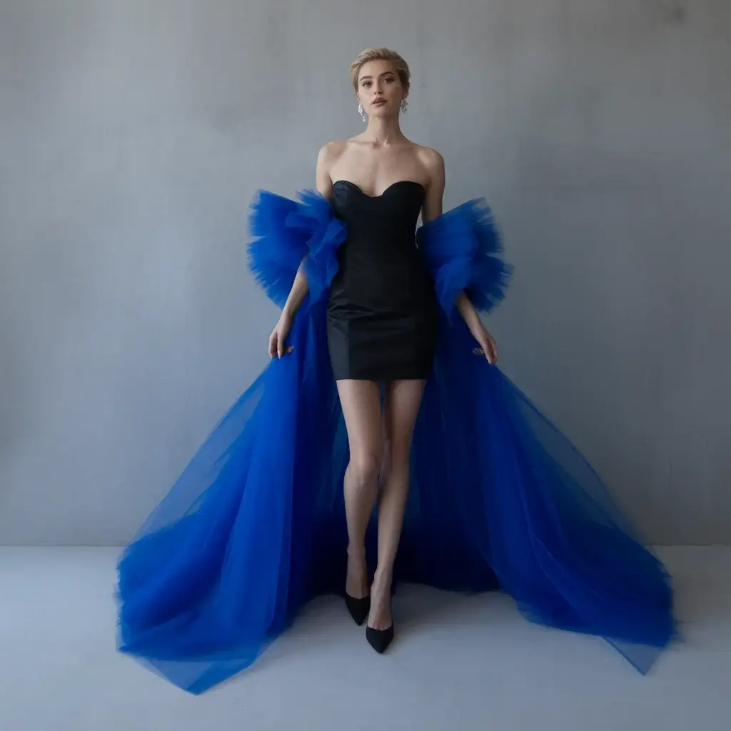 Black mini wedding dress with detachable royal blue tulle overlay