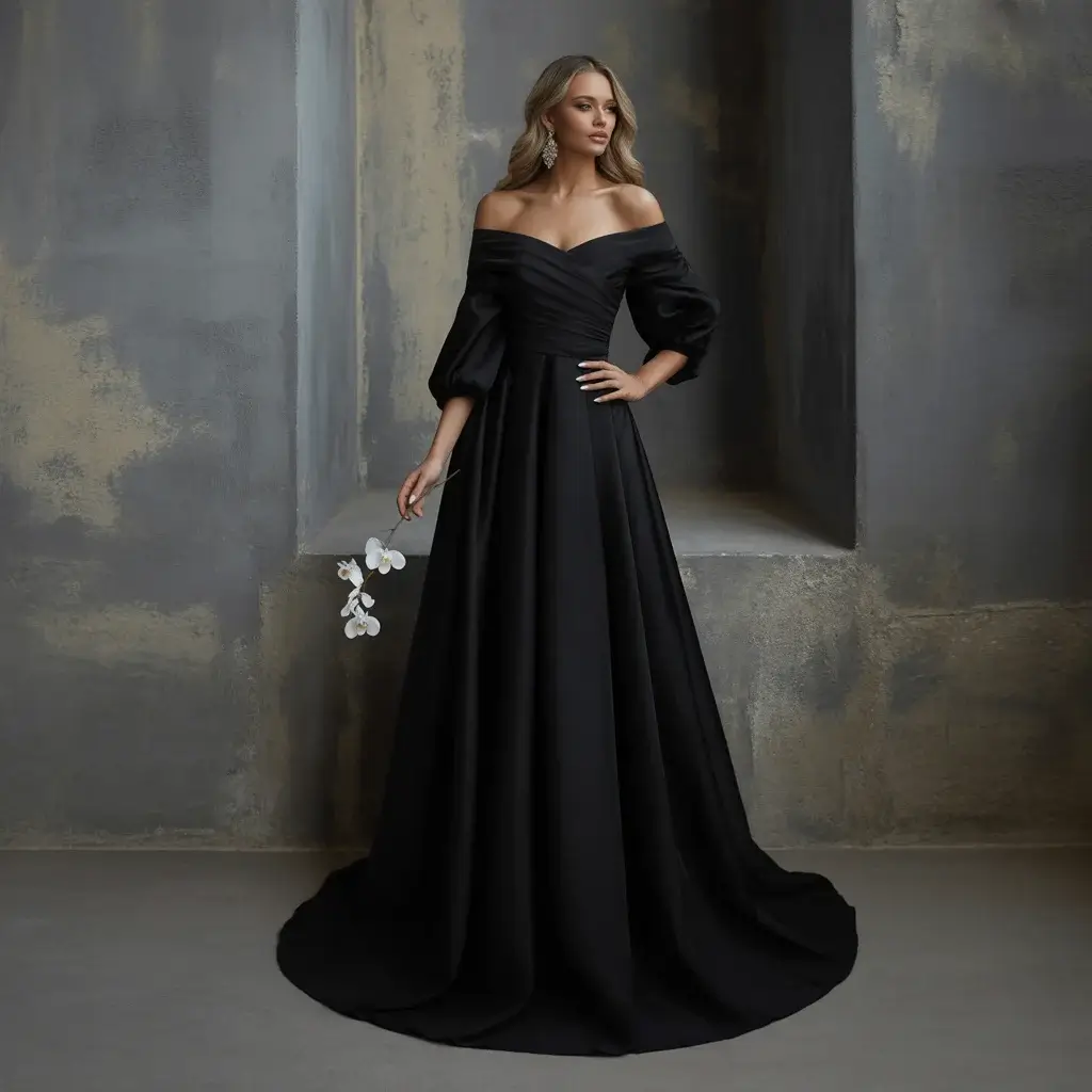 13 Black Long Dresses for Wedding Guests 2 Black off-shoulder maxi dress with flowing sleeves and elegant draping