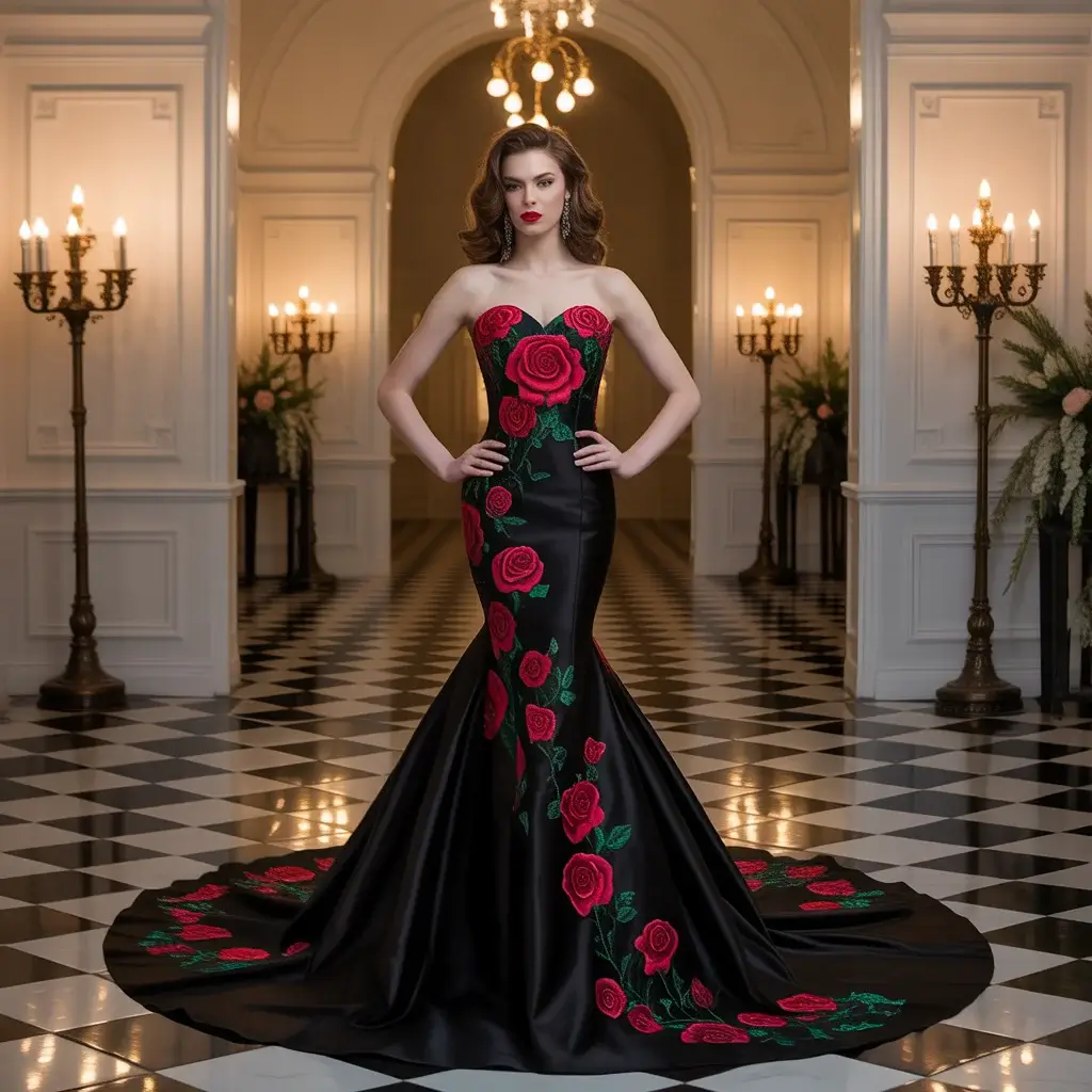 Black satin mermaid wedding dress with red rose appliques and dramatic train