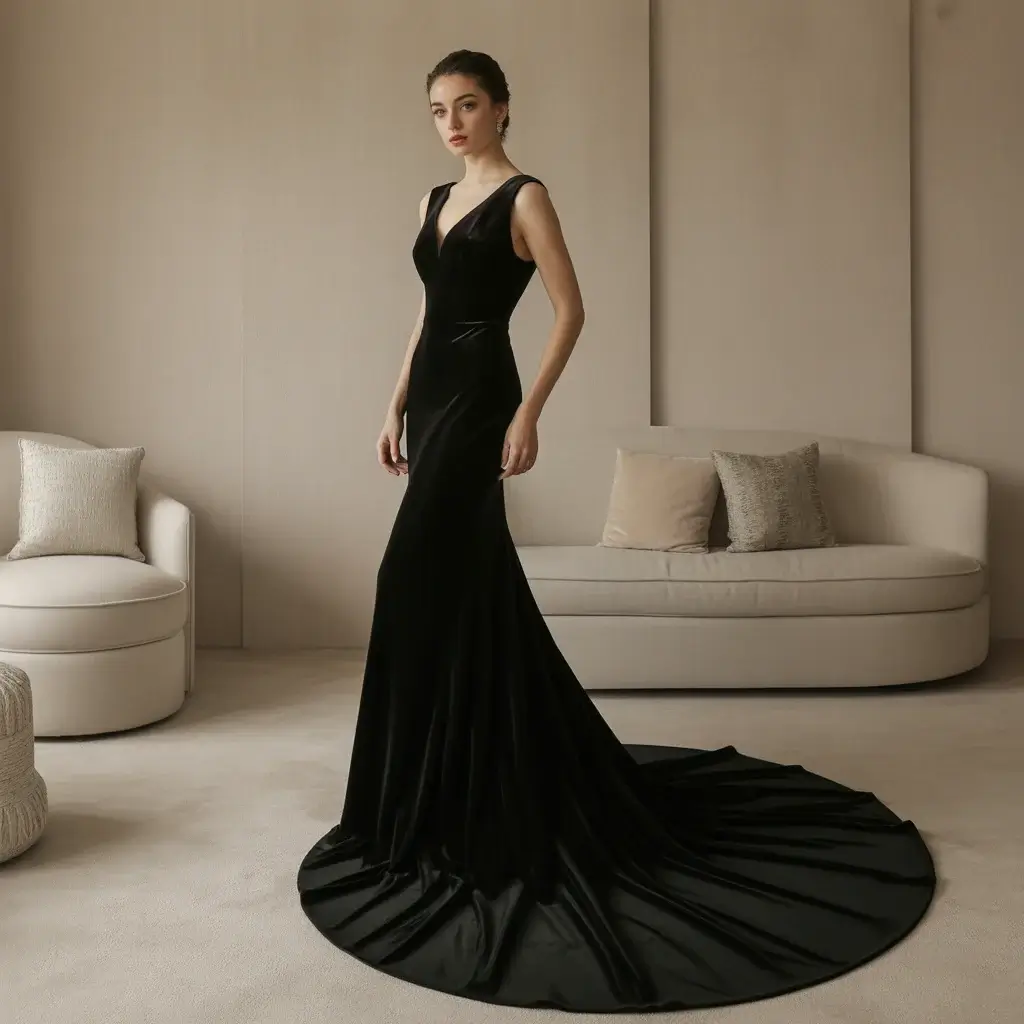 Black velvet sheath wedding dress with dramatic cathedral train and sleek modern silhouette
