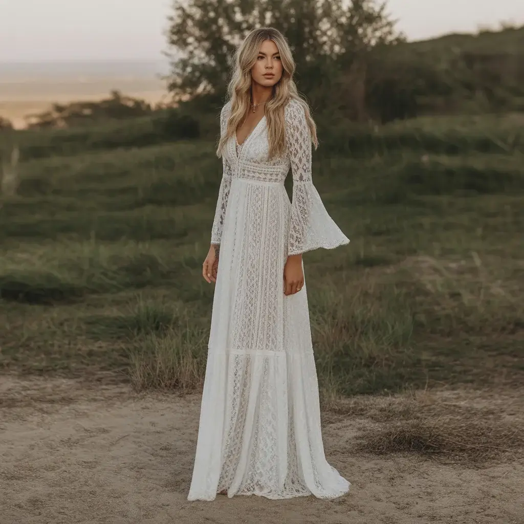 Bohemian Chantilly lace maxi wedding dress with bell sleeves and relaxed flowing silhouette