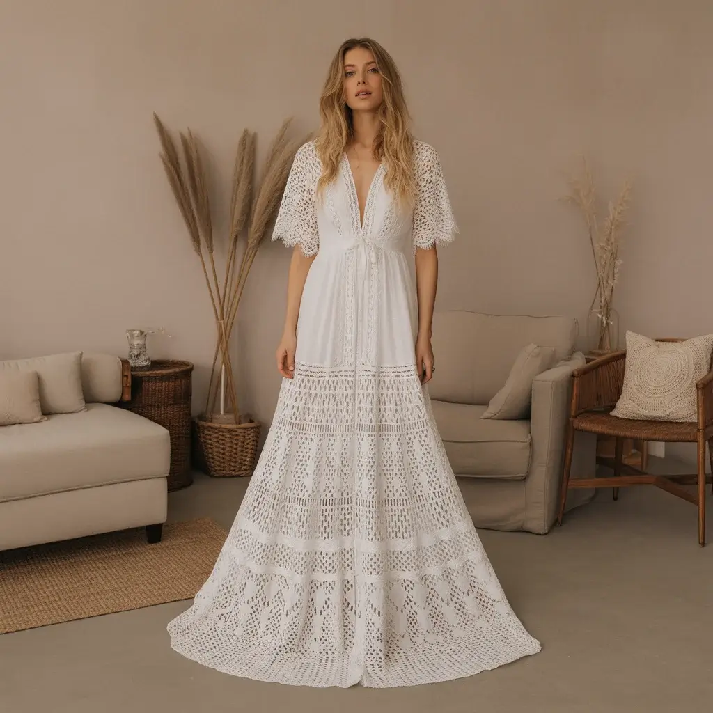Top 16 Best Try at Home Wedding Dresses That Brides Are Ordering Online 3 Bohemian crochet lace maxi wedding dress with intricate handcrafted details and flowing silhouette