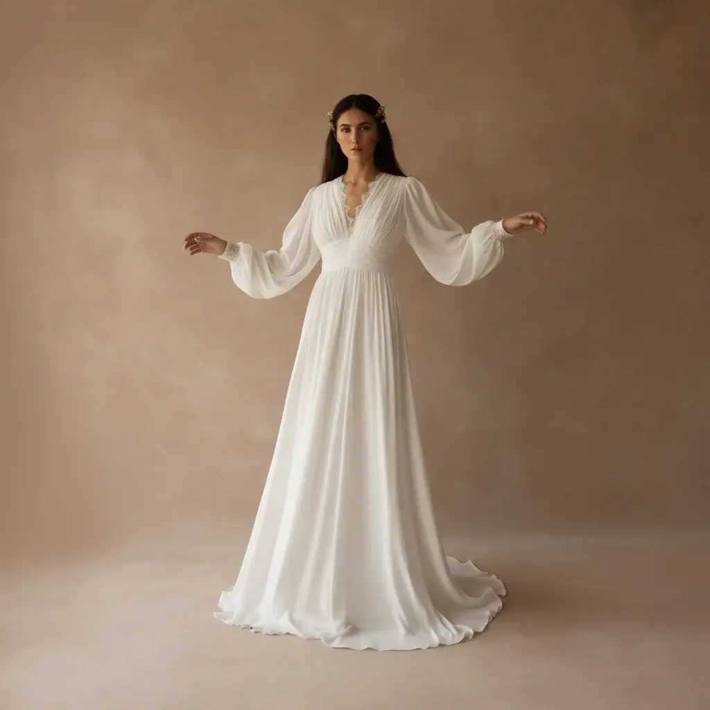 Bohemian silk georgette wedding dress with flowing long sleeves and romantic draping
