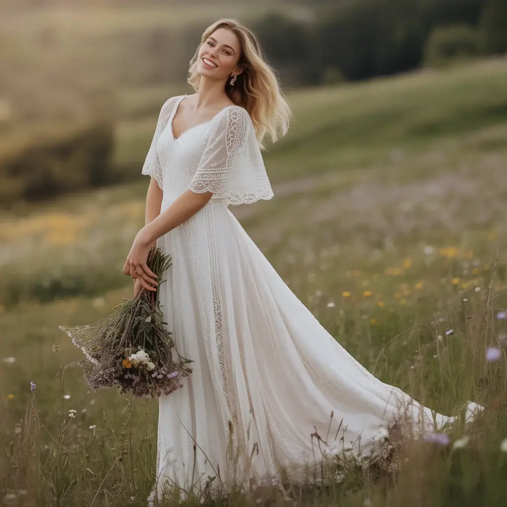 Boho A-line Chantilly lace wedding dress with flowing sleeves and natural waistline