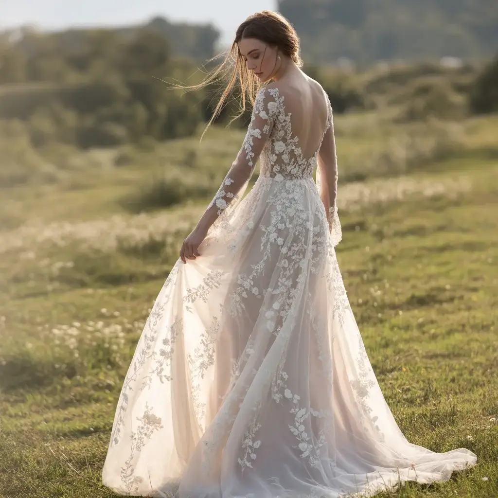 15 Long Sleeve Open Back Lace Wedding Dresses 3 Boho bride in a flowing lace wedding dress with intricate floral appliques on long sleeves and romantic open back detail