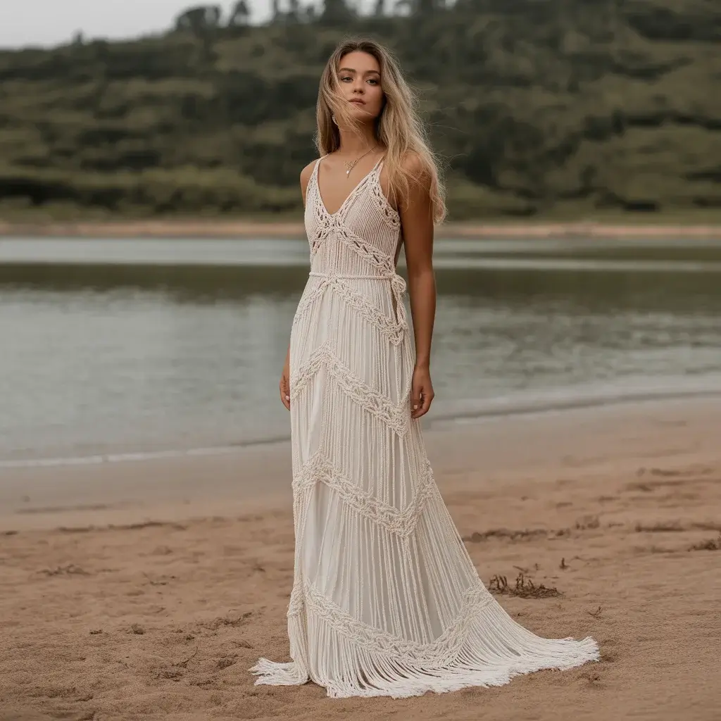 Top 16 Best Try at Home Wedding Dresses That Brides Are Ordering Online 14 Boho macramé detail maxi wedding dress with artisanal rope work and free-spirited natural aesthetic