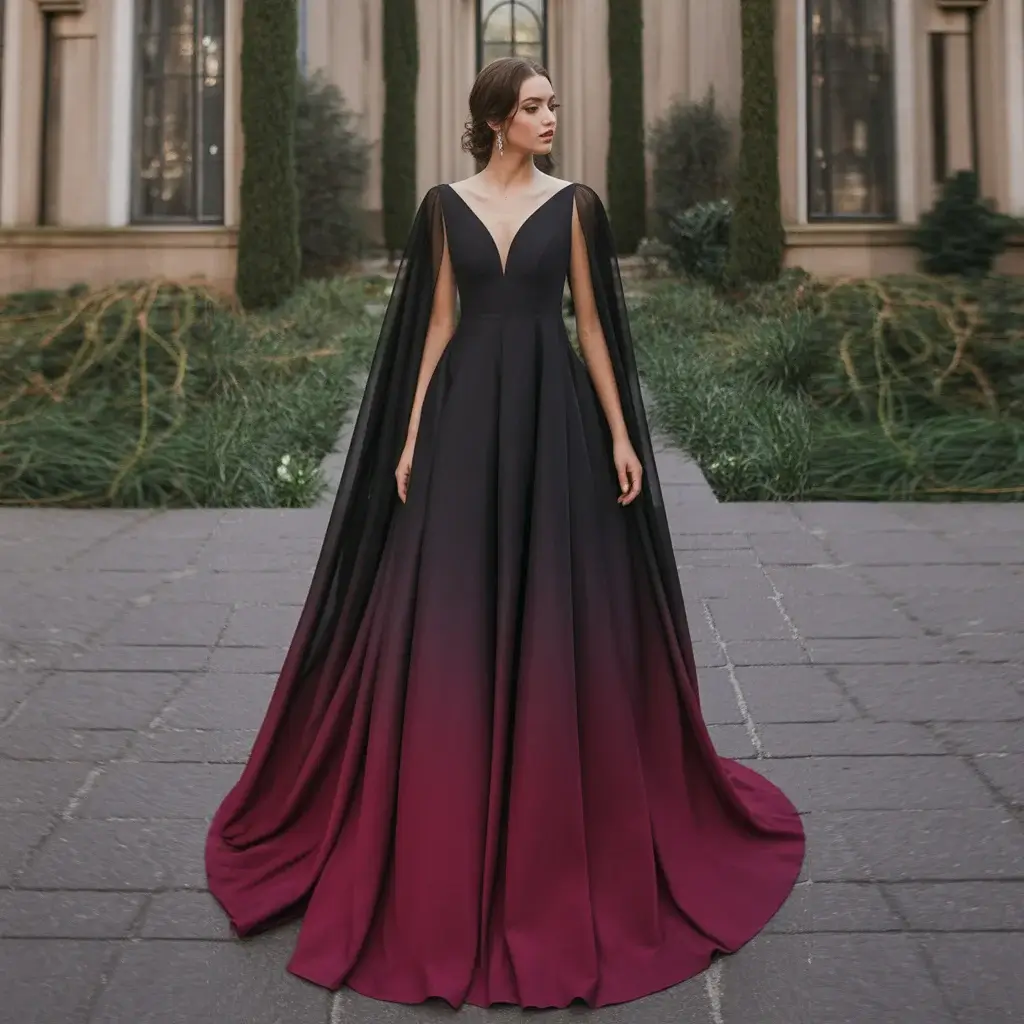 Burgundy to black ombre A-line wedding dress with flowing cape sleeves and gradient color effect