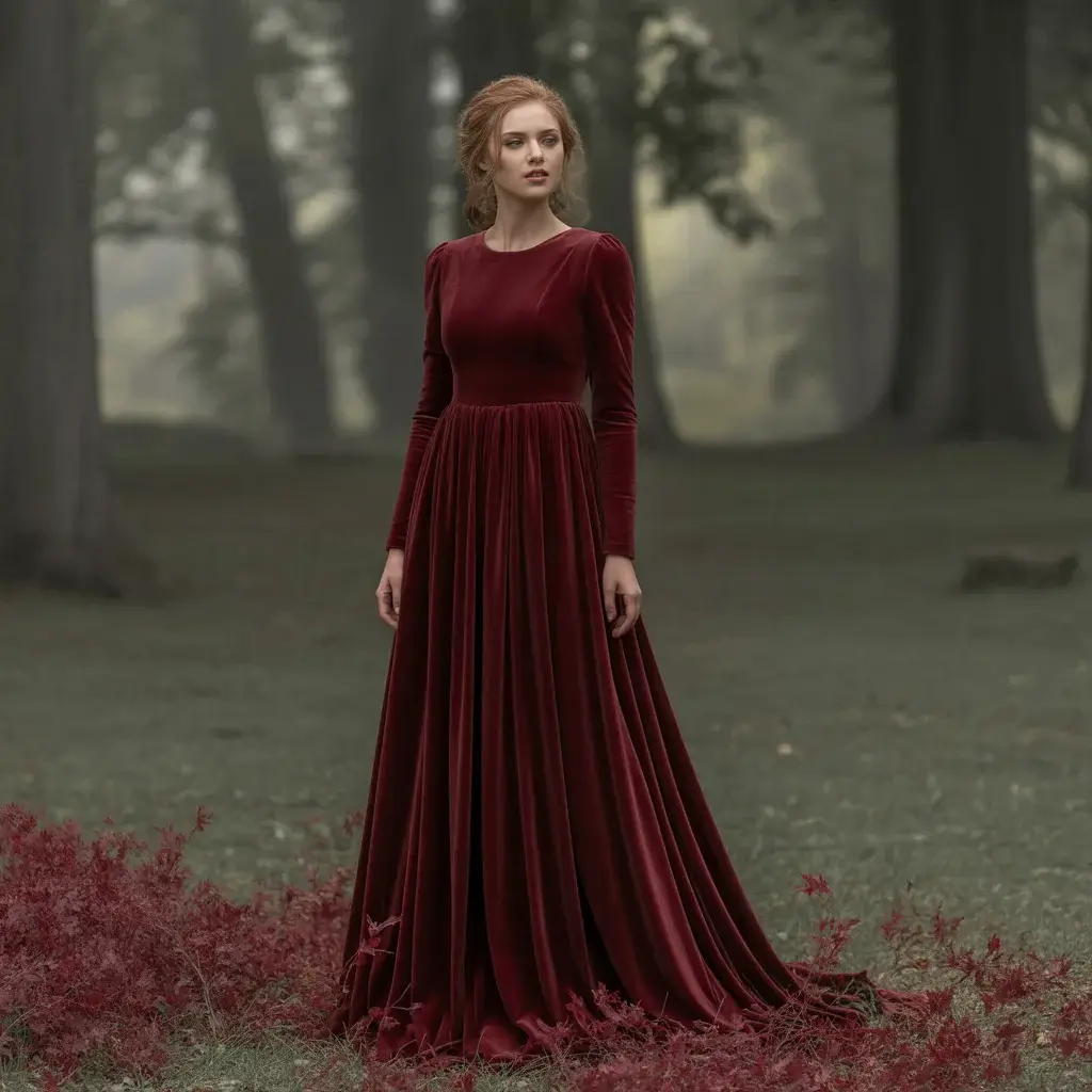 Burgundy velvet empire waist wedding dress with long fitted sleeves and flowing skirt