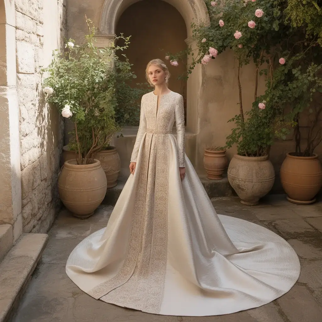 Byzantine silk shantung cathedral wedding gown with embroidered details and dramatic train