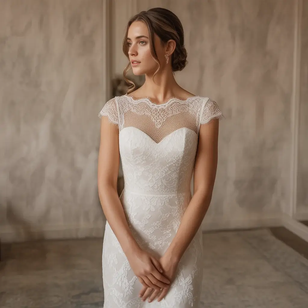 Cap sleeve Chantilly lace wedding dress with delicate shoulder coverage and romantic neckline