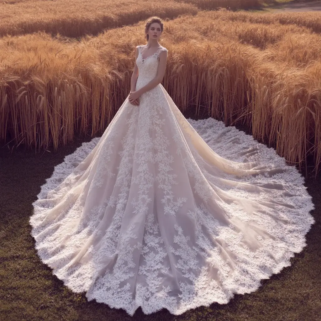 Cathedral length gown in exquisite Chantilly lace with intricate floral patterns
