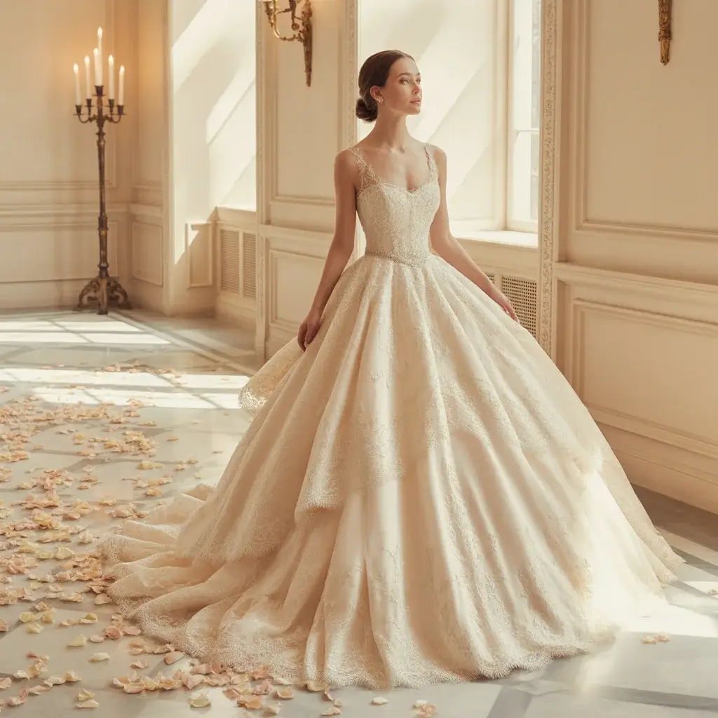 Chantilly lace ball gown wedding dress with beaded bodice and voluminous layered skirt