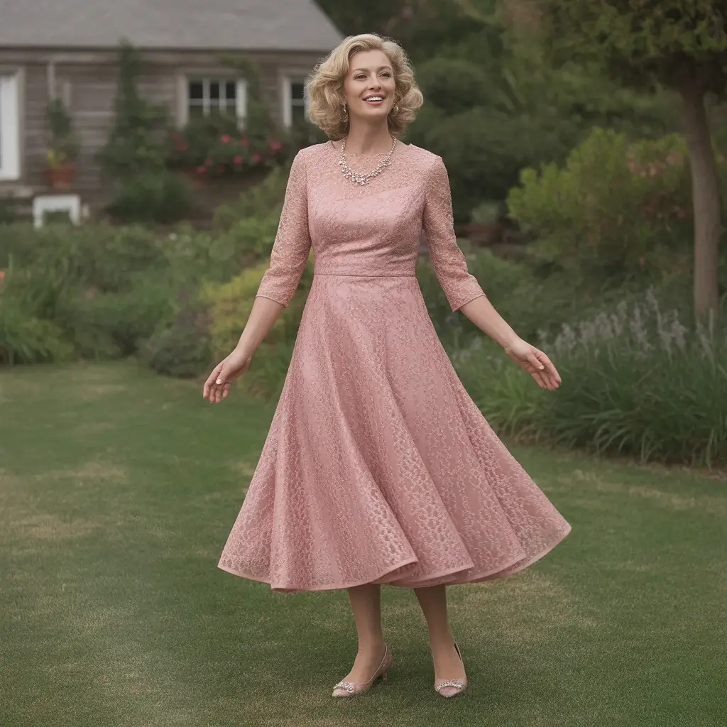 Top 15 Rose Gold Dresses for Mother of the Bride That Are Trending Right Now 6 Charming mother of bride in rose gold tea-length fit and flare dress dancing at garden wedding reception