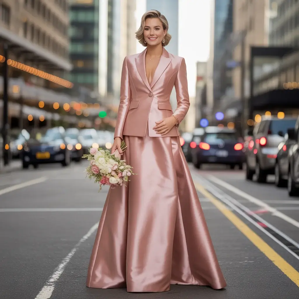 Top 15 Rose Gold Dresses for Mother of the Bride That Are Trending Right Now 12 Chic professional mother of bride in rose gold structured blazer dress with notched lapels at city wedding