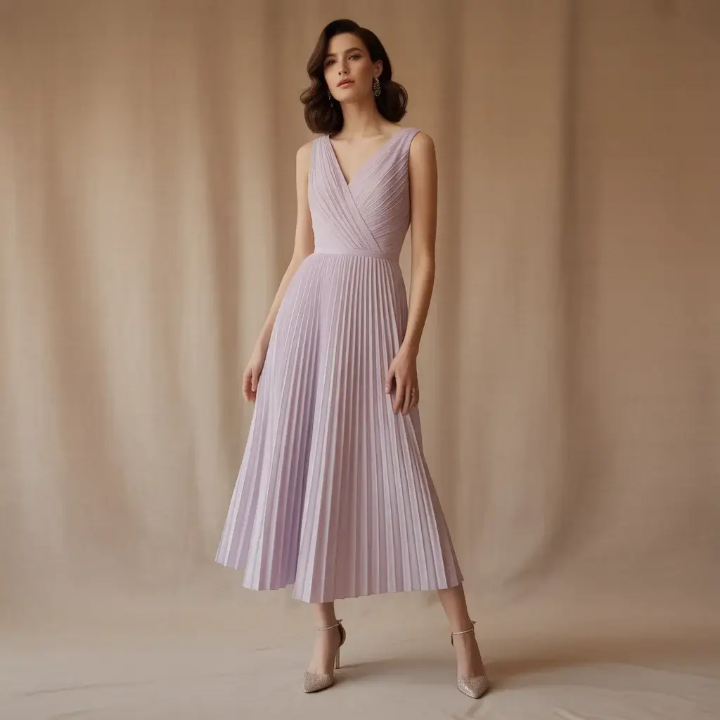 Classic A-line pleated midi dress in soft pastel shade