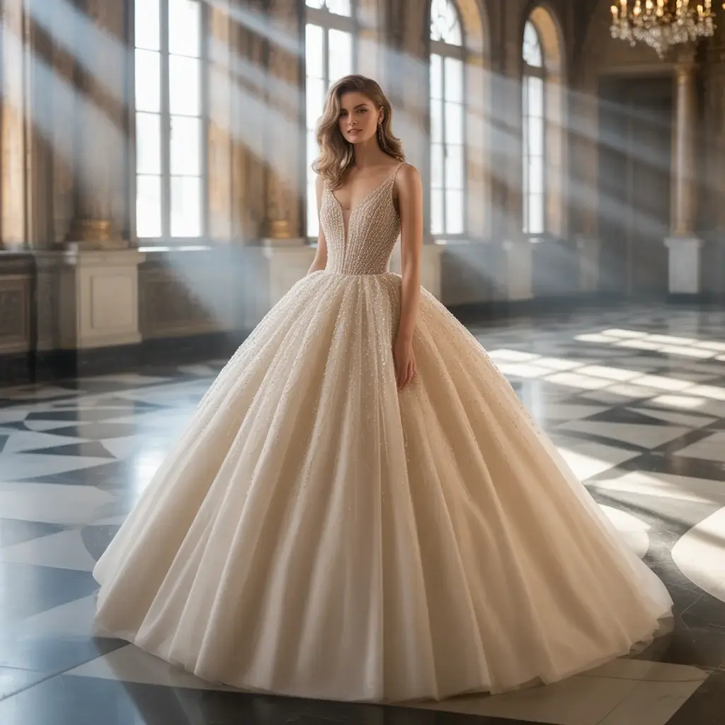 Classic ball gown with beaded bodice and full tulle skirt in ivory