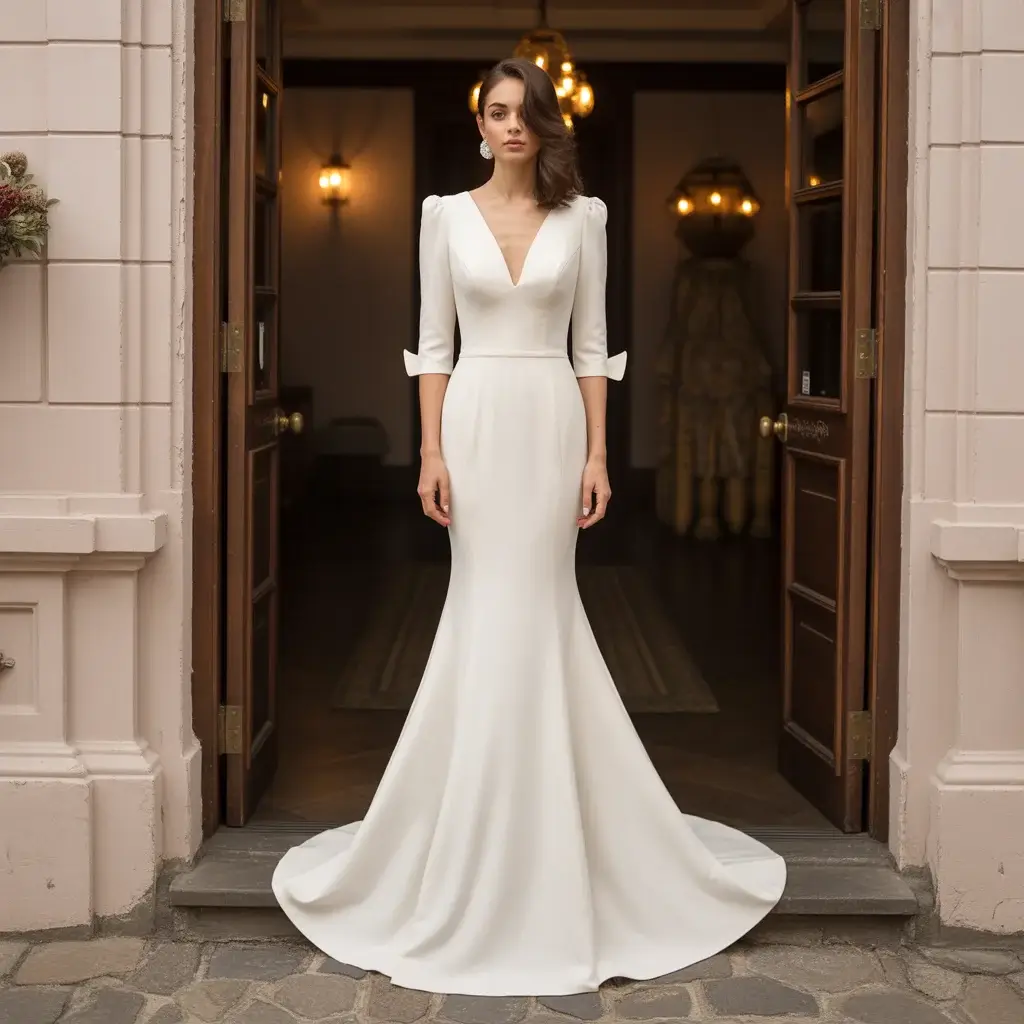 13 Half Sleeve Wedding Dresses for Modern Brides 9 Contemporary crepe mermaid dress with sophisticated half sleeves and modern silhouette