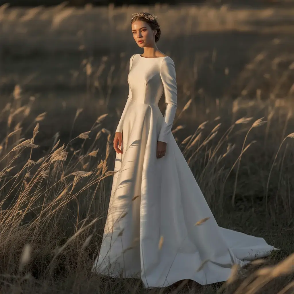 Contemporary silk crepe back satin wedding dress with sleek long sleeves and modern silhouette