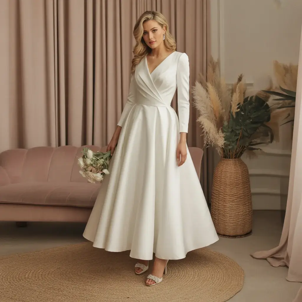Top 16 Best Try at Home Wedding Dresses That Brides Are Ordering Online 11 Contemporary wrap-style midi wedding dress with crossover bodice and elegant knee-length design