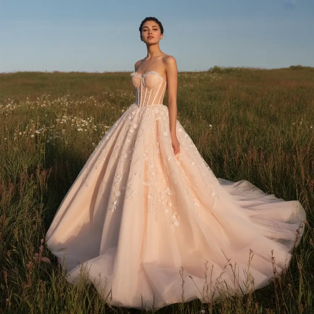 Corset bodice gown with full tulle skirt and lace-up back details