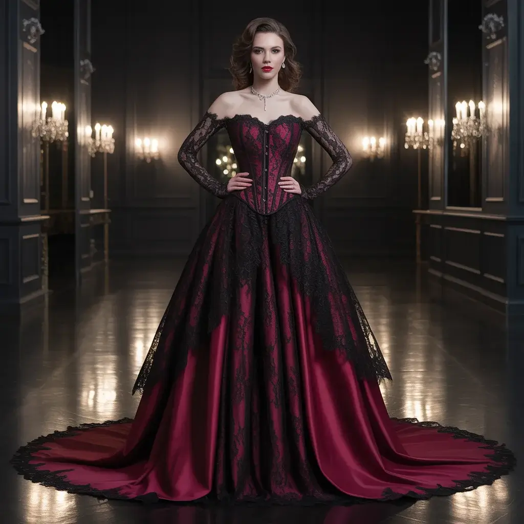 Crimson corset wedding dress with intricate black lace sleeves and flowing dark skirt