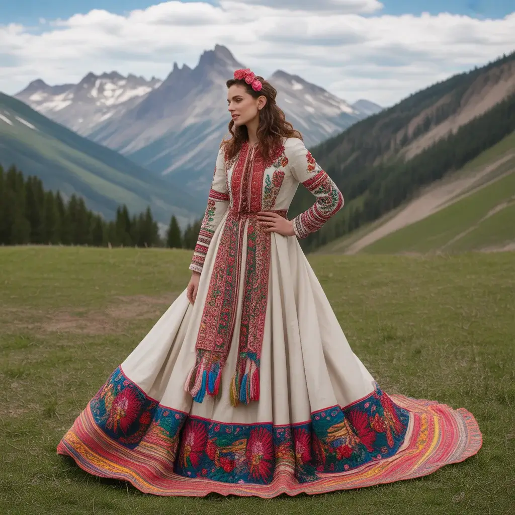 15 Wedding Dresses for Mountain Weddings 9 Cultural bride wearing an embroidered folk-inspired wedding gown with traditional mountain patterns and vibrant colorful details