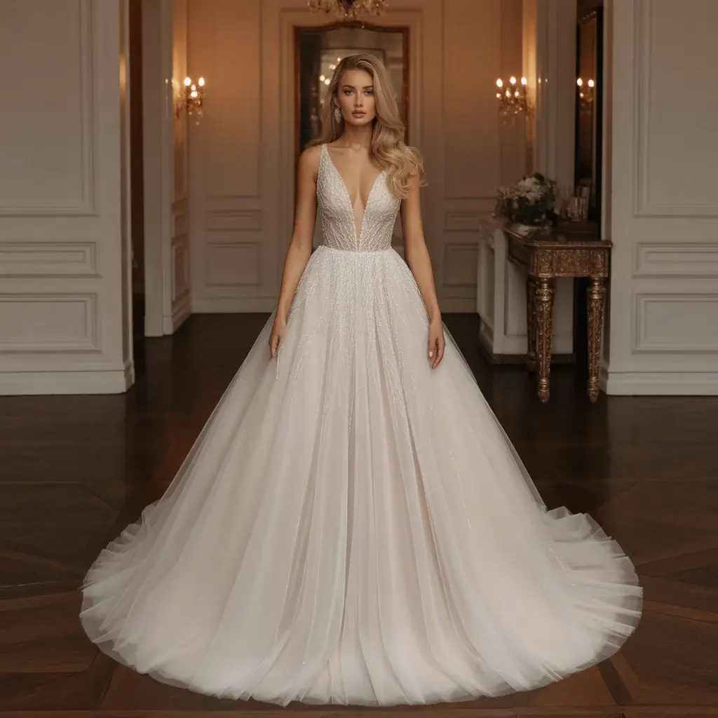 11 Revealing Wedding Gowns Redefining Bridal Fashion 2 Dramatic ballgown wedding dress featuring a deep plunging V-neckline with flowing tulle skirt and elegant beaded bodice