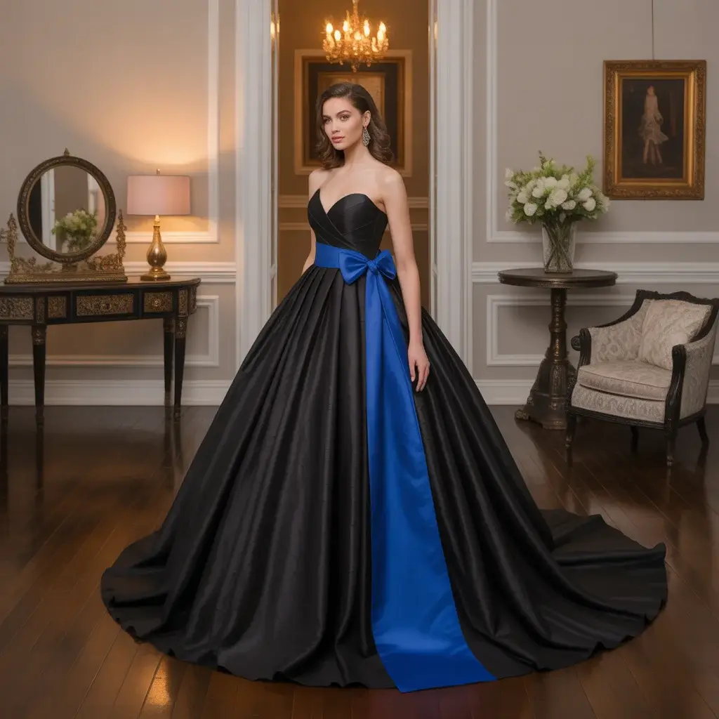 Dramatic black ball gown with royal blue sash and flowing train
