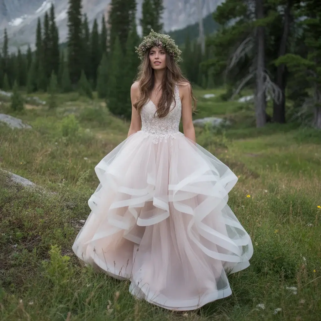 15 Wedding Dresses for Mountain Weddings 5 Dreamy bride in a layered tulle mountain princess gown with wildflower crown walking through alpine forest setting