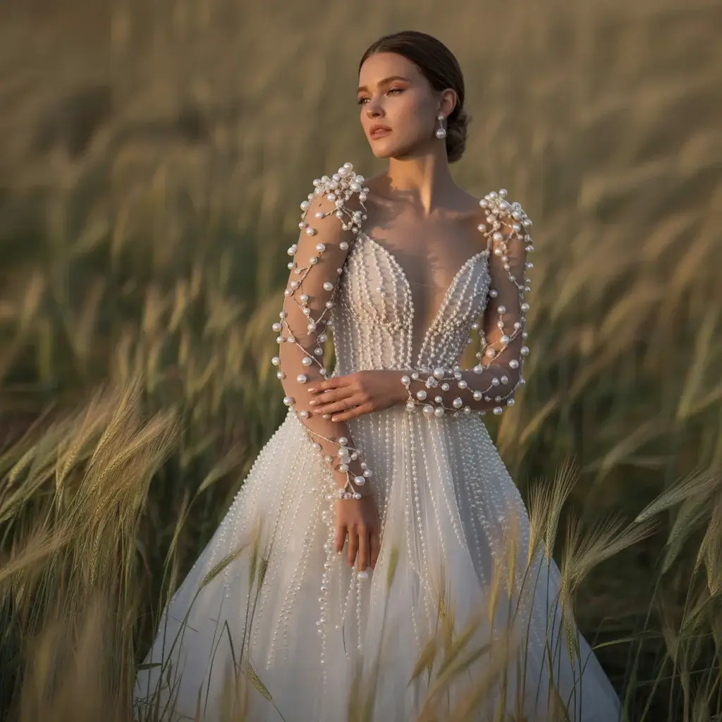 Dreamy romantic wedding dress featuring intricate pearl floral motifs that bloom delicately across sheer sleeves