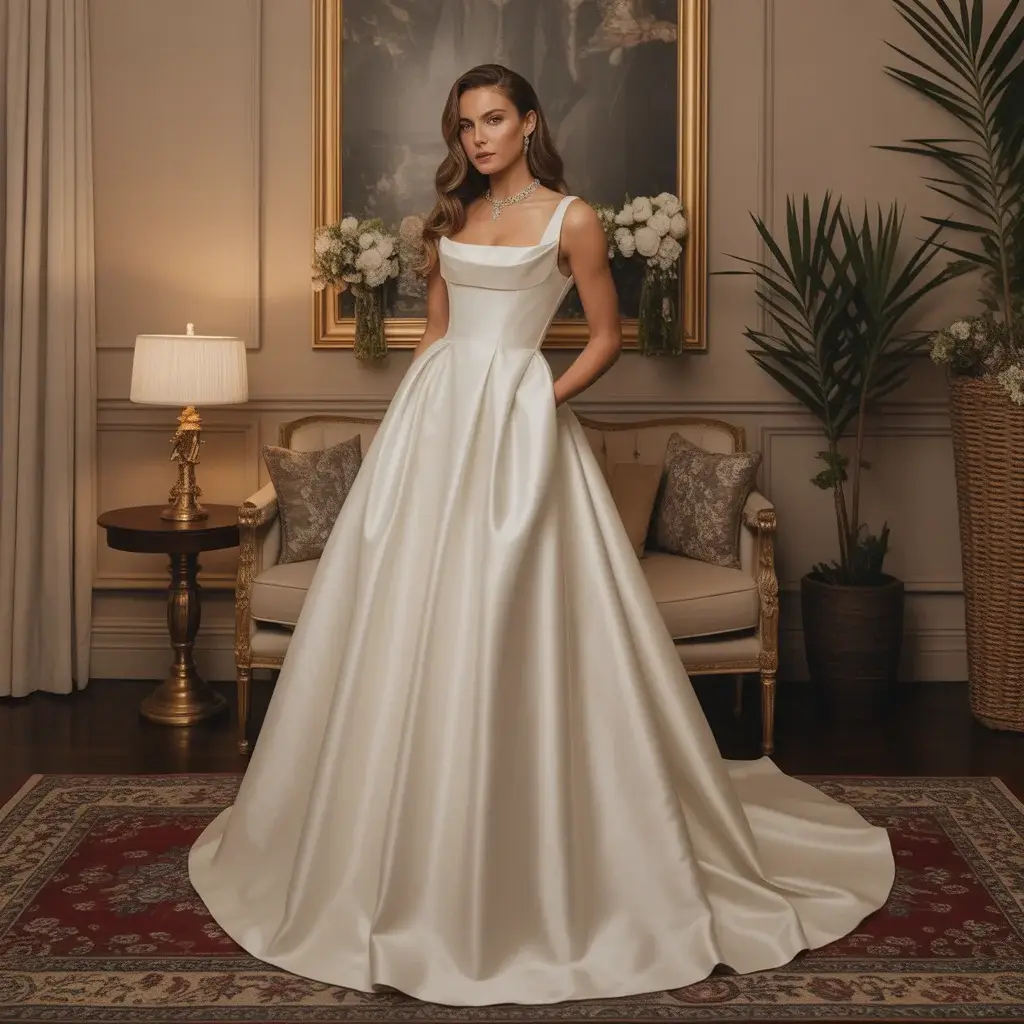 Duchess satin empire waist gown with elegant draping and luxurious finish