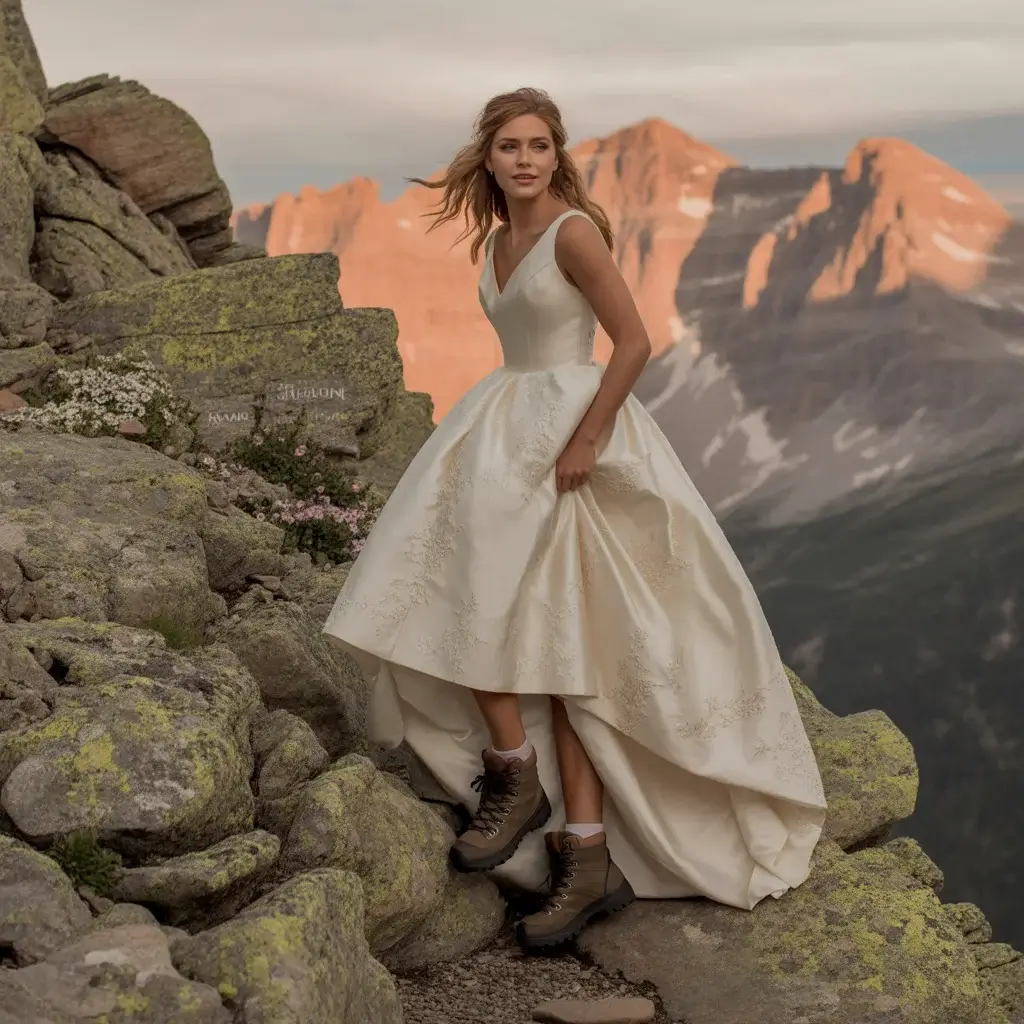 15 Wedding Dresses for Mountain Weddings 16 Dynamic bride in a high-low adventure hemline wedding dress with hiking boots visible while climbing mountain rocks