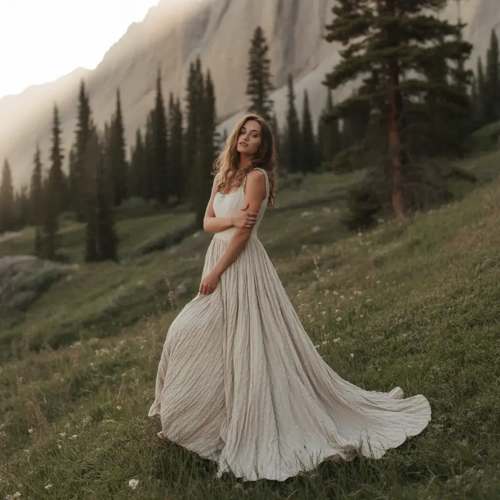 15 Wedding Dresses for Mountain Weddings 15 Eco-conscious bride wearing a sustainable hemp silk blend wedding dress in natural mountain setting promoting environmental awareness