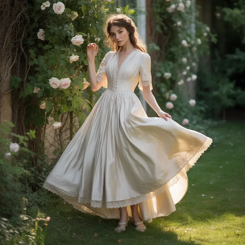Edwardian high low silk habotai garden party wedding dress with lace trim and flowing silhouette