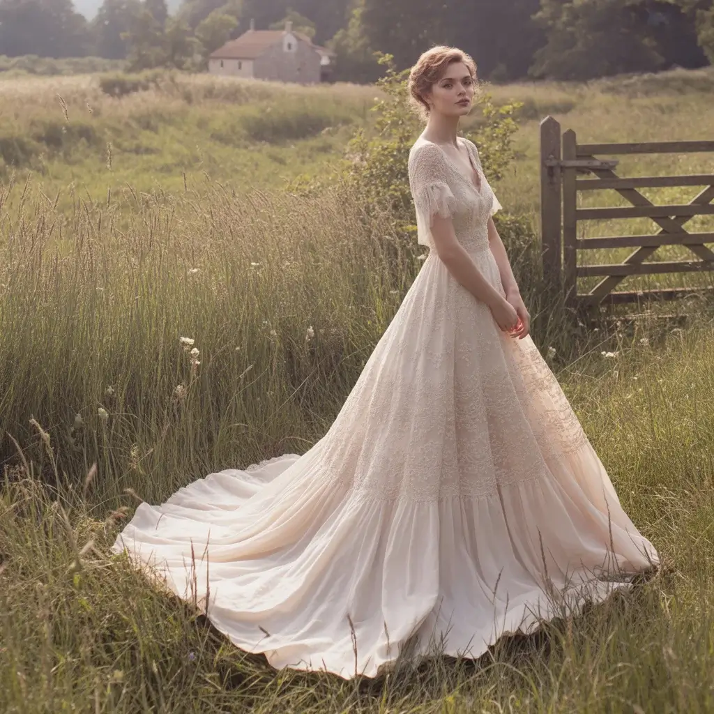 Edwardian lace and silk chiffon tea length wedding gown with romantic layered details