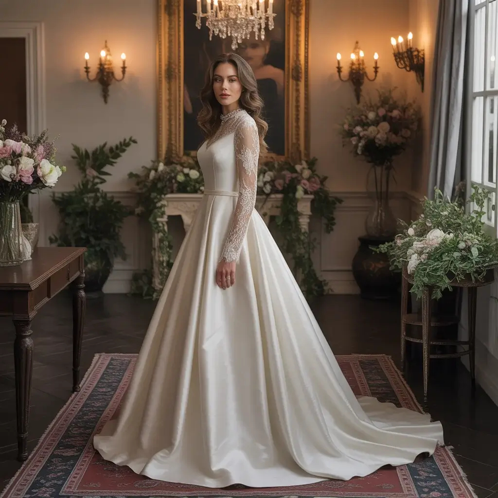 Elegant A-line silk wedding dress with intricate lace long sleeves and flowing satin skirt