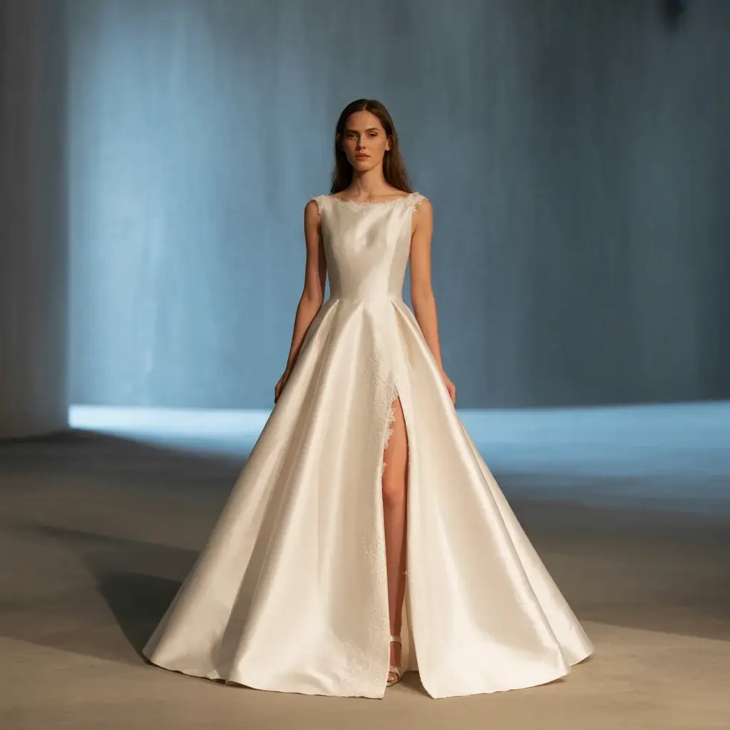 11 Revealing Wedding Gowns Redefining Bridal Fashion 5 Elegant A-line wedding dress with dramatic high slit revealing leg detail and classic sophisticated silhouette