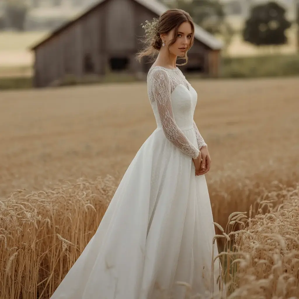 Elegant A-line wedding dress with intricate long-sleeved lace and royal sophistication