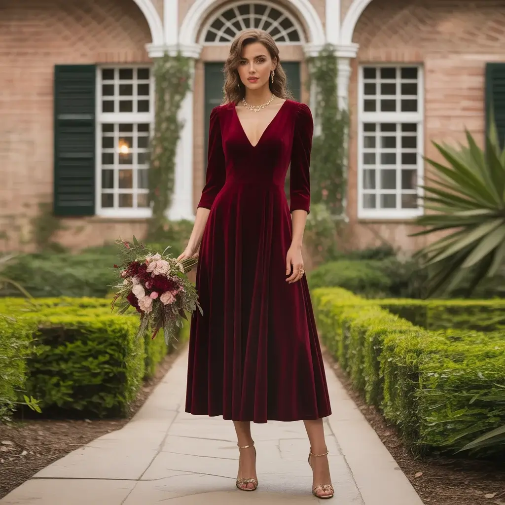 Top 15 Wedding Guest Outfit Ideas That Are Trending Now 1 Elegant Burgundy Velvet Midi Dress With Three Quarter Sleeves