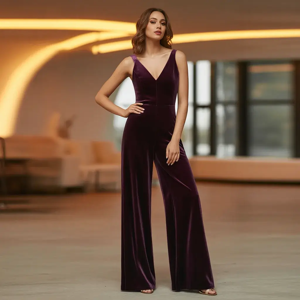 Top 15 Wedding Guest Outfit Ideas That Are Trending Now 8 Elegant Deep Purple Velvet Jumpsuit With Wide Leg Pants