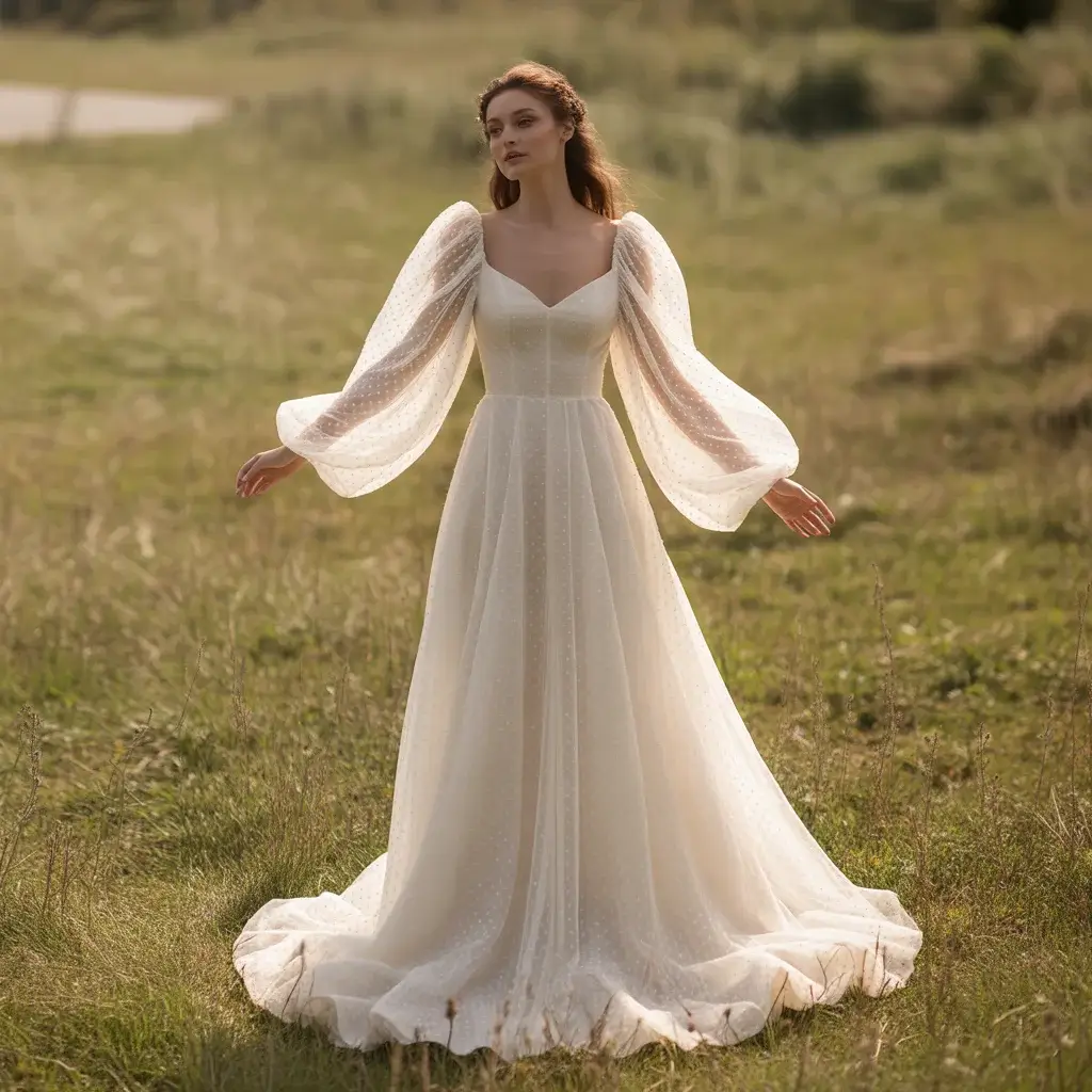 Elegant Statement Sleeve Wedding Dress With Billowing Romantic Bishop Sleeves And Fitted Bodice